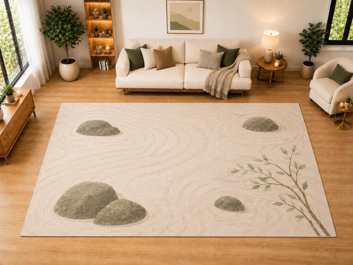 ICE ARMOR "Ultra Light Weight Large 6'7" x 9'10" Zen Garden Stones Area Rug for Living Room, Bedroom, Dining Room, Soft Low Pile Non-Slip Backing, Cream Sage