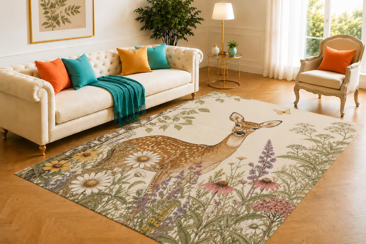 ICE ARMOR 5' x 7' Woodland Deer Wildflower Area Rug, Soft Low Pile Indoor Rug with Non-Slip Silicone Backing for Living Room, Bedroom, Dining Room, Office, Rustic Beige