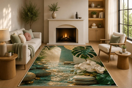 ICE ARMOR 5' x 7' Tropical Orchid Water Garden Area Rug with Non-Slip Silicone Backing Low Pile Soft Carpet for Living Room Bedroom Coastal Botanical Decor
