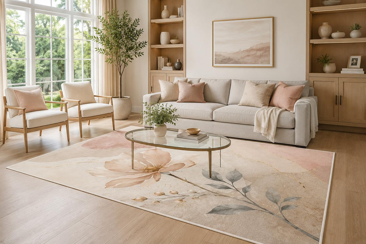 ICE ARMOR Large 6'7" x 9'10" Blush Pink and Beige Modern Magnolia Bloom Area Rug for Living Room, Soft Low Pile Carpet with Non-Slip Silicone Backing, Decor for Bedroom and Home Office