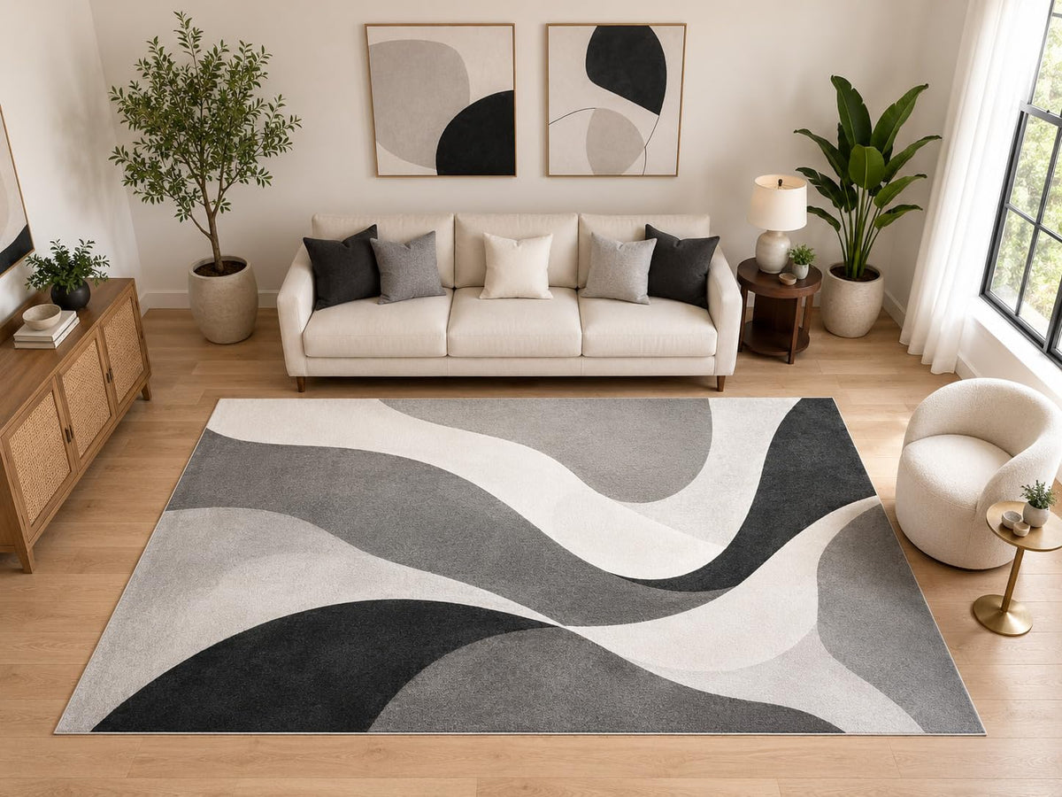 ICE ARMOR "Ultra Light Weight Large 6'7" x 9'10" Abstract Flowing Curve Area Rug, Soft Low Pile Indoor Rug and Non-Slip Silicone Backing for Living Room Bedroom, Gray