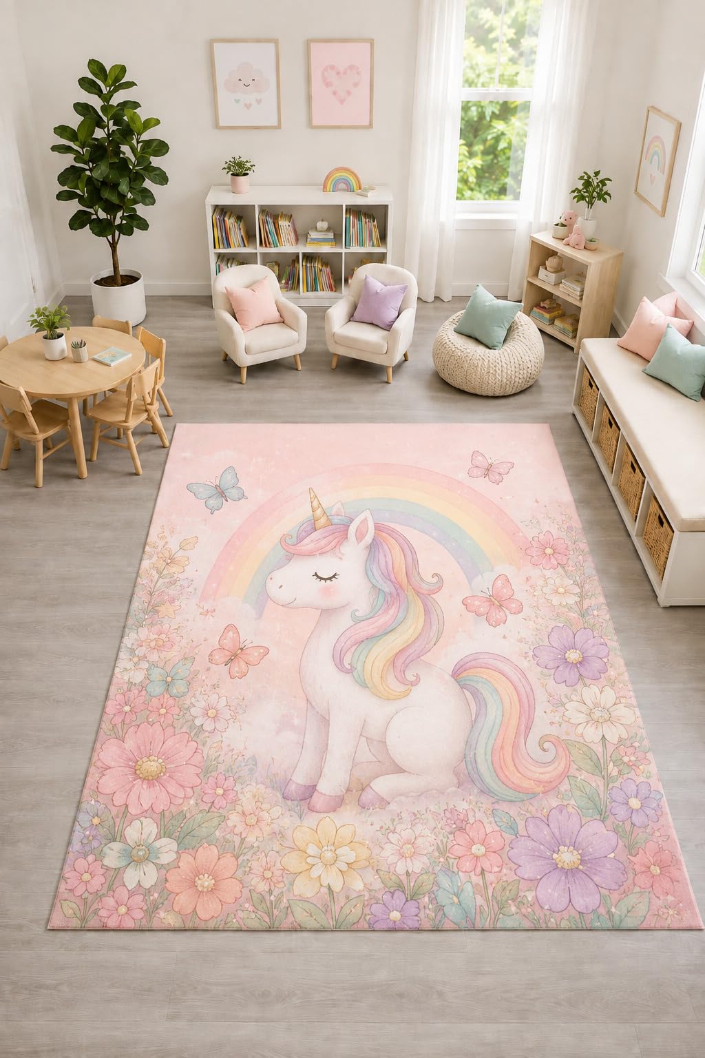 ICE ARMOR "Ultra Light Weight Large 6'7" x 9'10" Rainbow Unicorn Butterfly Rug, Soft Low Pile Indoor Rug, Non-Slip Silicone Backing for Playroom Pink