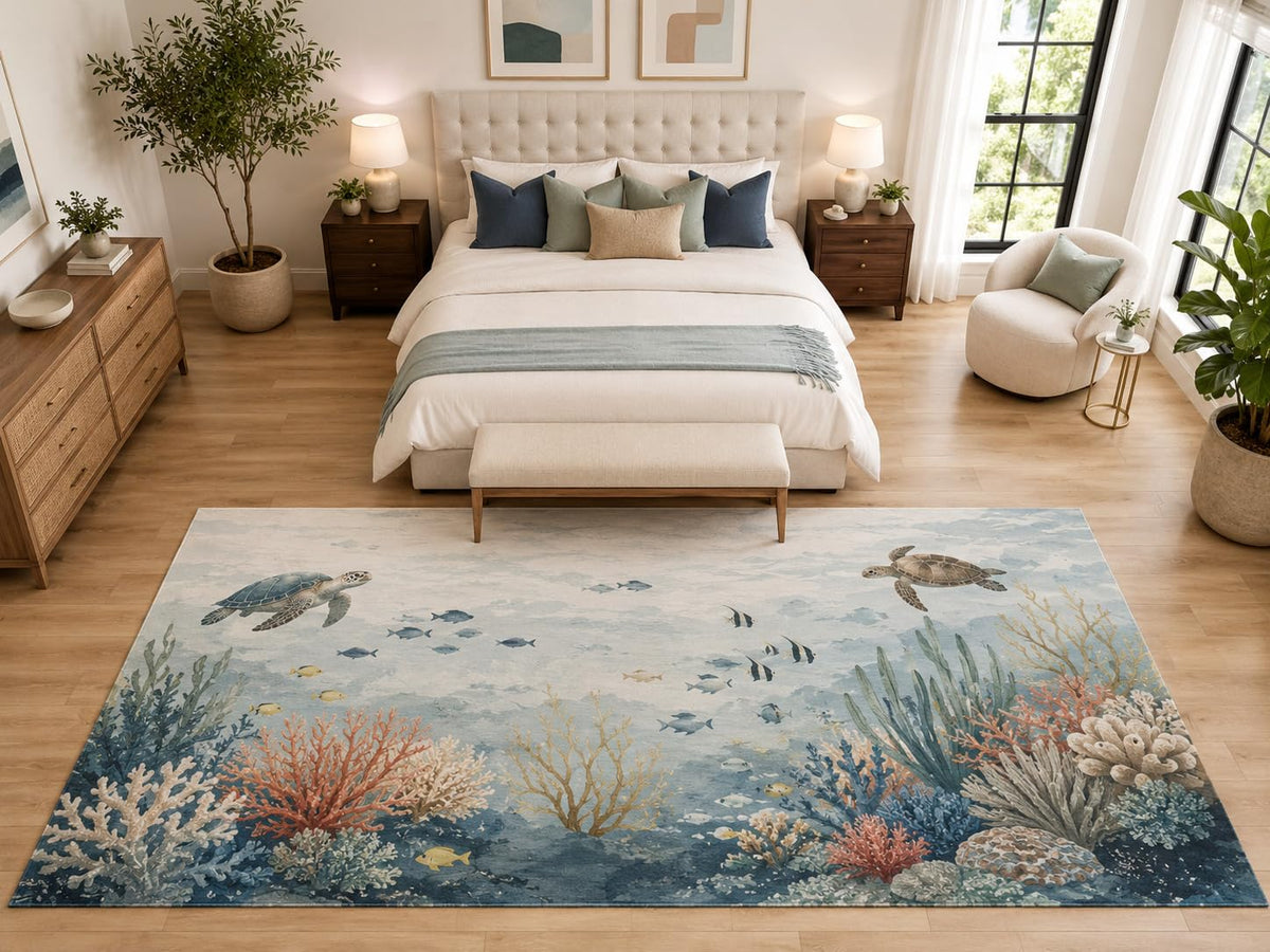 ICE ARMOR "Ultra Light Weight Large 6'7" x 9'10" Sea Turtle Reef Rug for Bedroom, Soft Low Pile Indoor Rug and Non-Slip Silicone Backing, Light Blue