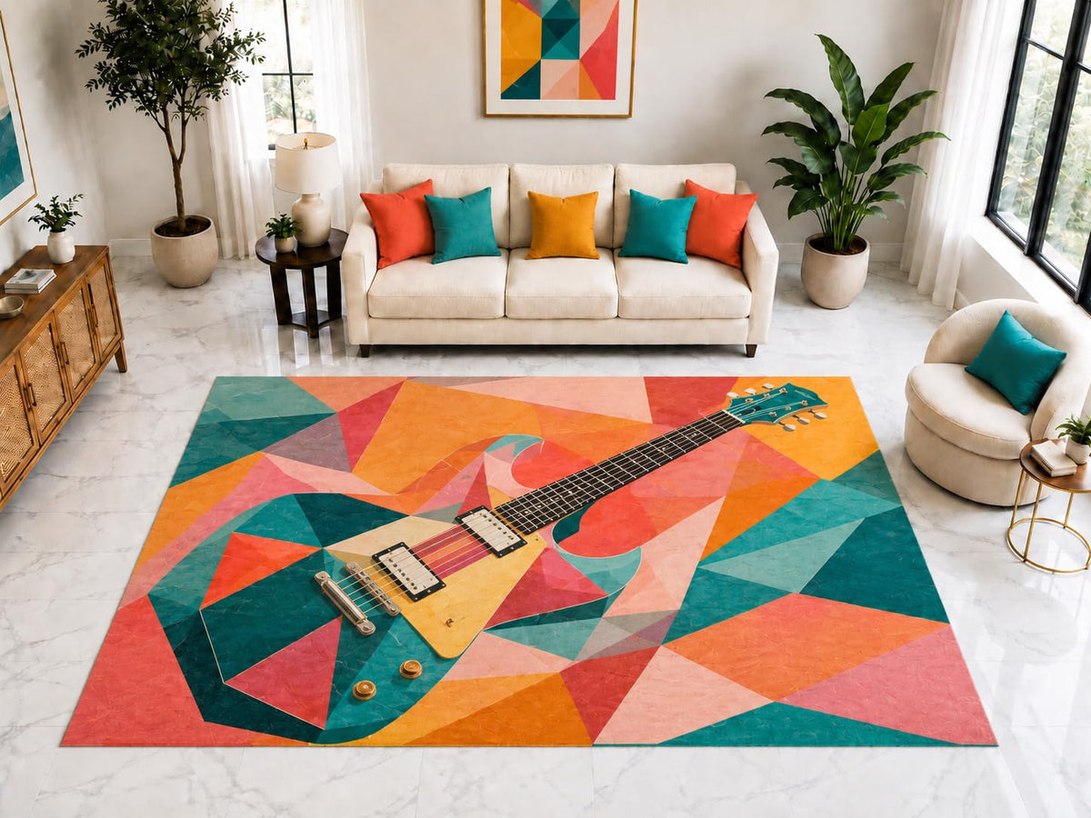 ICE ARMOR "Ultra Light Weight Large 6'7" x 9'10" Electric Guitar Art Rug, Soft Low Pile Indoor Rug, Non-Slip Silicone Backing for Bedroom Orange