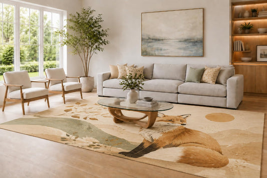 ICE ARMOR Large 6'7" x 9'10" Warm Beige and Brown Fox Nature Area Rug for Living Room, Soft Low Pile Carpet with Non-Slip Silicone Backing, Woodland Animal Decor for Bedroom Home Office