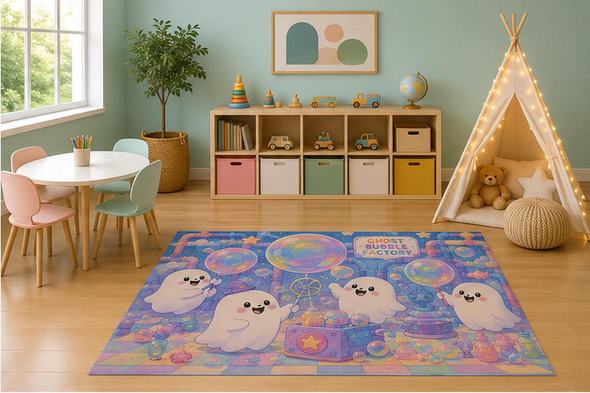 ICE ARMOR 5' x 7' Ghost Bubble Factory Kids Area Rug, Cute Kawaii Ghost Bubble Maker Pastel Fantasy Playroom Nursery Bedroom Decor, Non-Slip Silicone Backing Low Pile