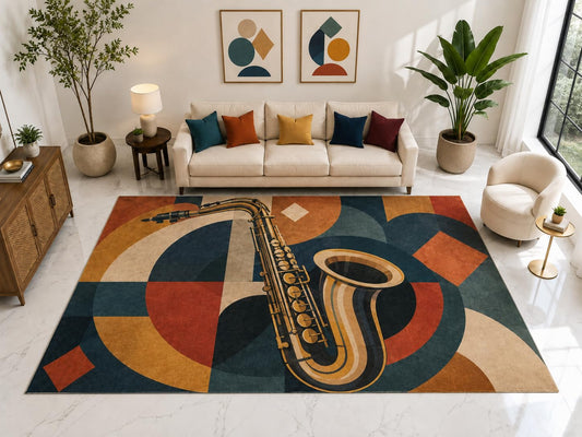ICE ARMOR "Ultra Light Weight Large 6'7" x 9'10" Saxophone Geometric Rug, Soft Low Pile Indoor Rug, Non-Slip Silicone Backing for Living Room Teal