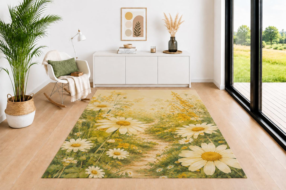 ICE ARMOR 5' x 7' Daisy Garden Area Rug for Living Room, Soft Low Pile Indoor Rug with Non-Slip Backing, Wildflower Carpet for Bedroom, Dining Room, Office, White Yellow