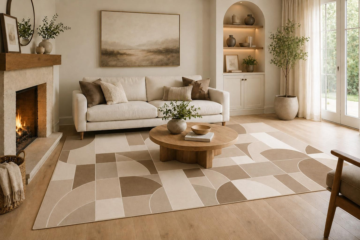 ICE ARMOR Large 6'7" x 9'10" Taupe, Brown and Cream Curved Mosaic Forms Area Rug for Living Room, Soft Low Pile Carpet with Non-Slip Backing for Bedroom, Dining Room and Office