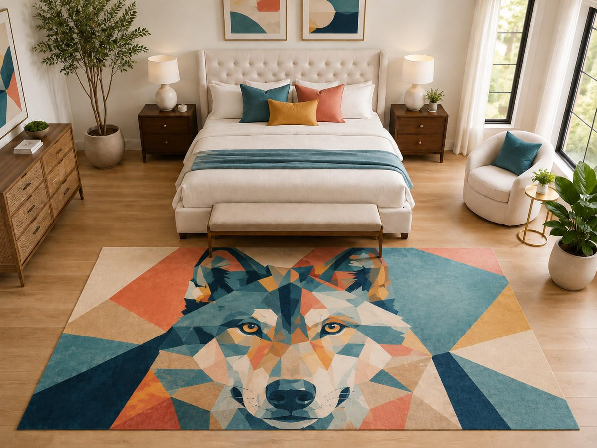 ICE ARMOR "Ultra Light Weight Large 6'7" x 9'10" Colorful Wolf Face Area Rug Carpet Soft Low Pile Indoor Rug and Non-Slip Silicone Backing Teal