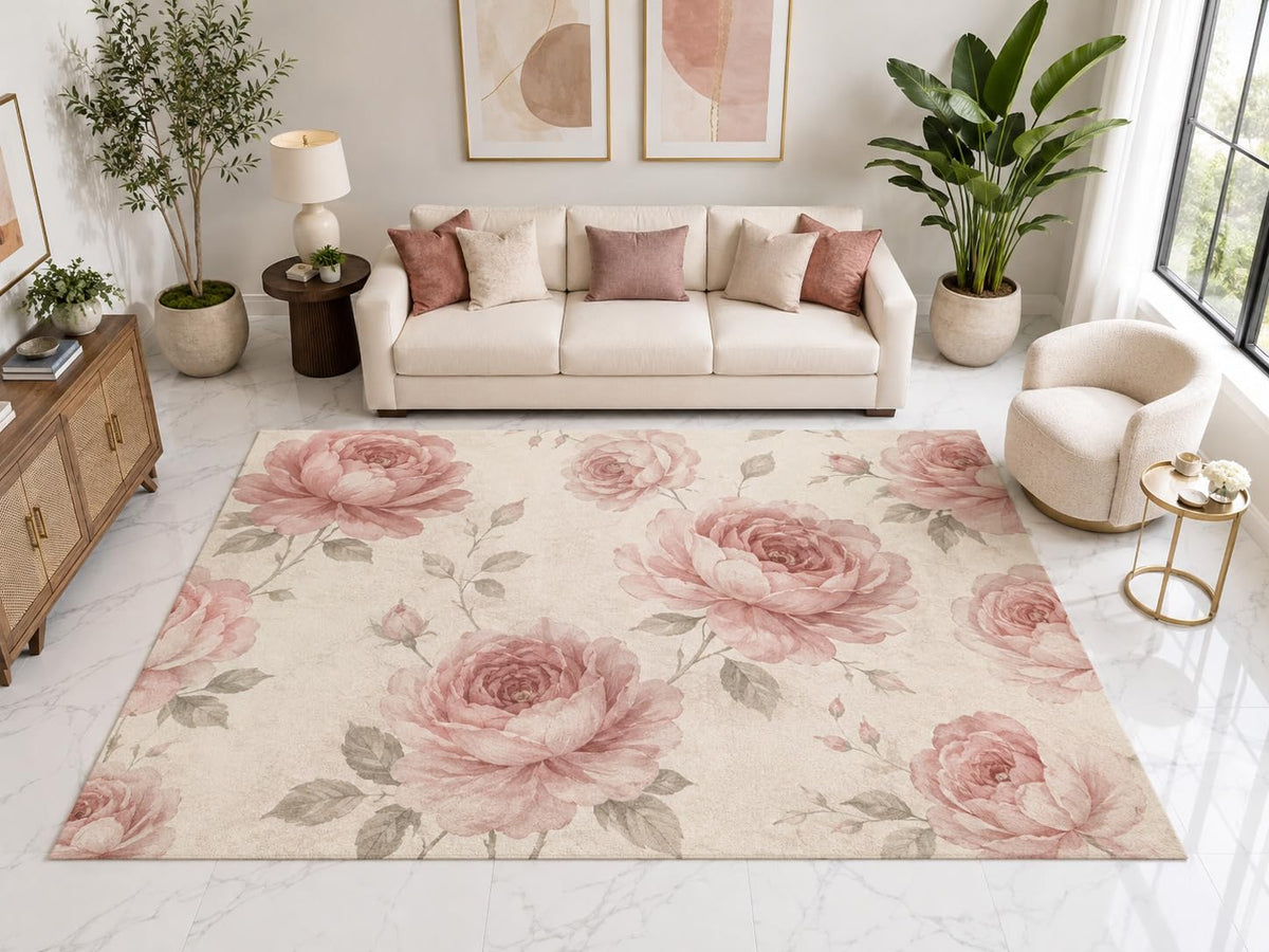 ICE ARMOR "Ultra Light Weight Large 6'7" x 9'10" Blush Rose Garden Rug, Soft Low Pile Indoor Rug, Non-Slip Silicone Backing for Living Room Pink