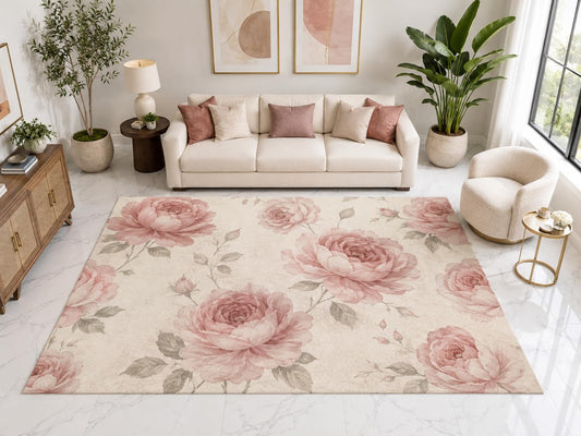 ICE ARMOR "Ultra Light Weight Large 6'7" x 9'10" Blush Rose Garden Rug, Soft Low Pile Indoor Rug, Non-Slip Silicone Backing for Living Room Pink