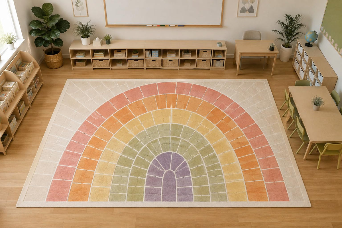 ICE ARMOR Large 6'7" x 9'10" Pastel Rainbow Arch Area Rug, Soft Low Pile Indoor Rug with Non-Slip Silicone Backing for Nursery Kids Room, Ivory