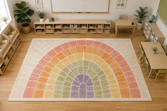 ICE ARMOR Large 6'7" x 9'10" Pastel Rainbow Arch Area Rug, Soft Low Pile Indoor Rug with Non-Slip Silicone Backing for Nursery Kids Room, Ivory