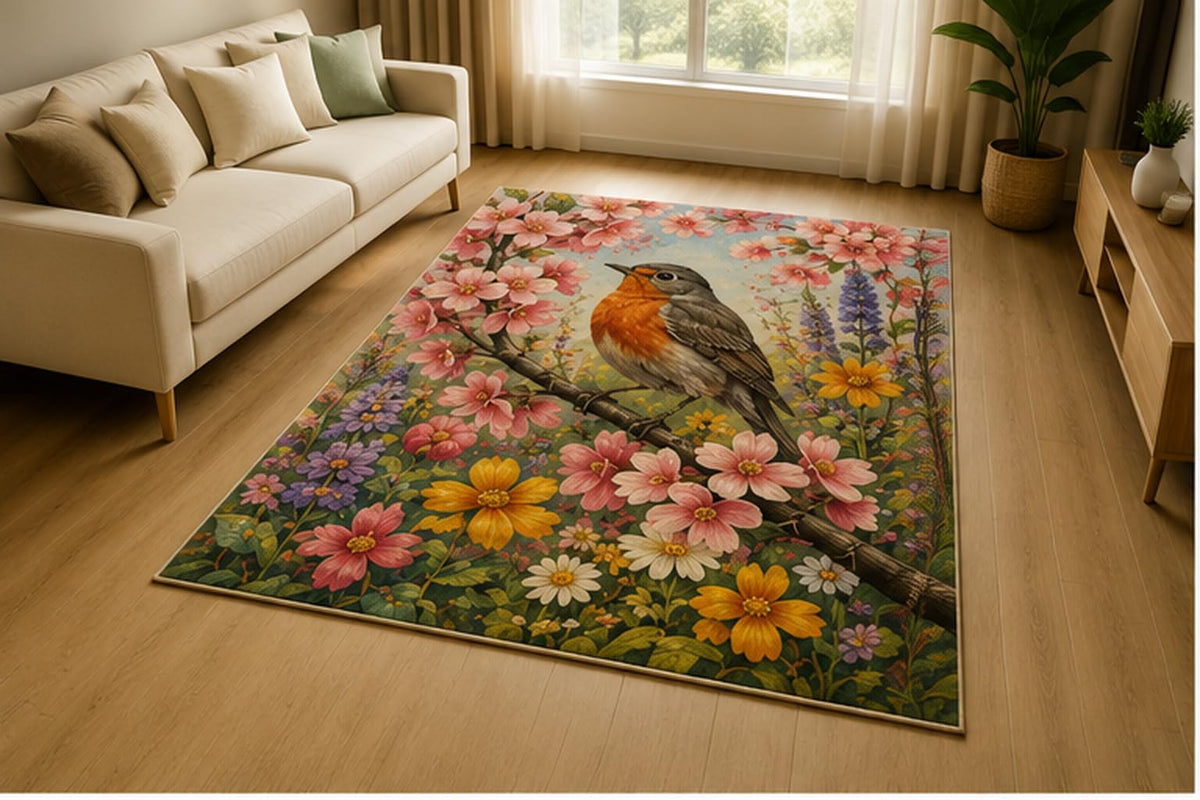 ICE ARMOR 5' x 7' Robin Cherry Blossom Floral Area Rug for Living Room, Soft Low Pile Indoor Rug with Non-Slip Silicone Backing, Nature Bird Decor for Bedroom, Office, Family Room, Kids & Pets, Pink