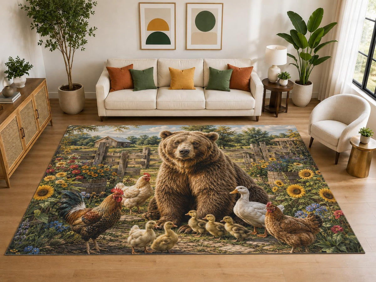 ICE ARMOR "Ultra Light Weight Large 6'7" x 9'10" Bear Farm Animals Area Rug, Soft Low Pile Indoor Rug, Non-Slip Silicone Backing, Kids Room, Brown