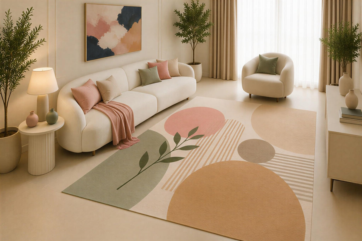 ICE ARMOR 5' x 7' Mid Century Modern Area Rug, Blush Pink Sage Green Abstract Botanical Design for Living Room Bedroom Office, Non-Slip Silicone Backing, Low Pile Carpet