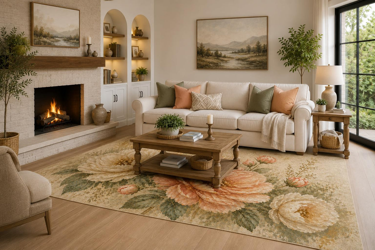 ICE ARMOR 6'7" x 9'10" Peach, Sage and Cream Soft Peony Garden Area Rug for Living Room, Soft Low Pile with Non-Slip Backing, Bedroom, Dining Area and Office Decor