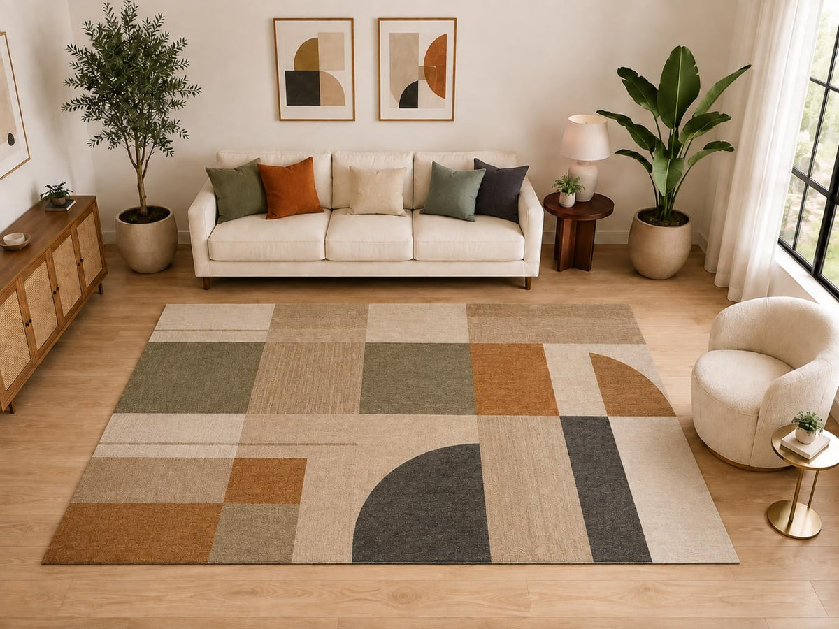 ICE ARMOR "Ultra Light Weight Large 6'7" x 9'10" Geometric Block Area Rug, Soft Low Pile Indoor Rug and Non-Slip Silicone Backing for Living Room Office, Beige Brown