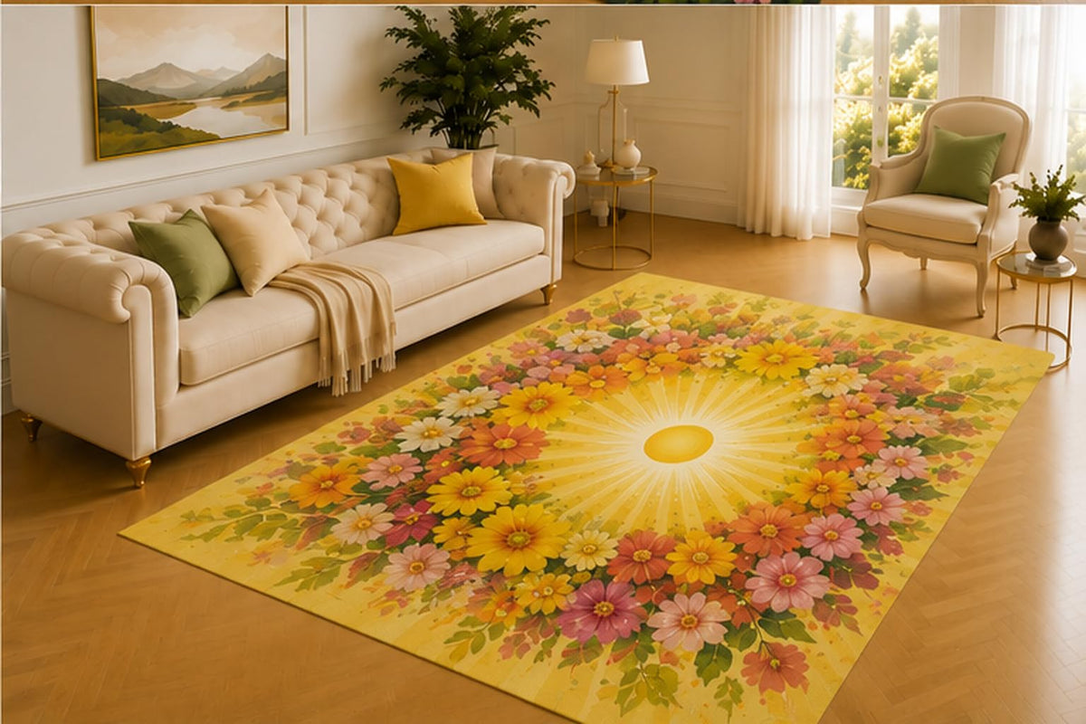 ICE ARMOR 5' x 7' Sunshine Floral Rug, Radiant Sun Framed by Yellow, Orange and Pink Blossoms, Uplifting Accent for Living Room, Bedroom, Nursery, Studio or Playroom