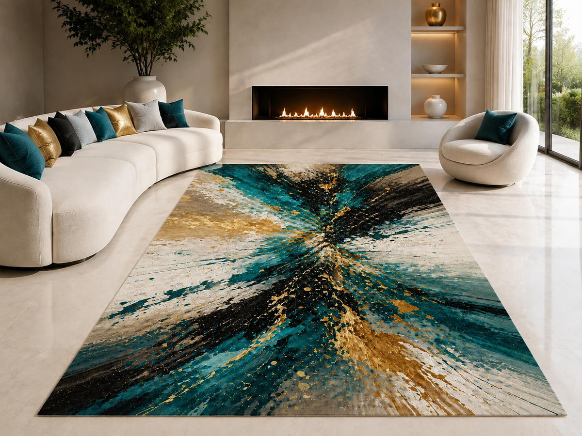 ICE ARMOR "Ultra Lightweight Large 6'7" x 9'10" Ocean Brush Surge Area Rug for Living Room, Bedroom and Home Office, Soft Low Pile Carpet with Non-Slip Silicone Backing, Teal and Black