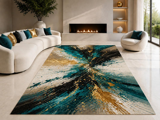 ICE ARMOR "Ultra Lightweight Large 6'7" x 9'10" Ocean Brush Surge Area Rug for Living Room, Bedroom and Home Office, Soft Low Pile Carpet with Non-Slip Silicone Backing, Teal and Black
