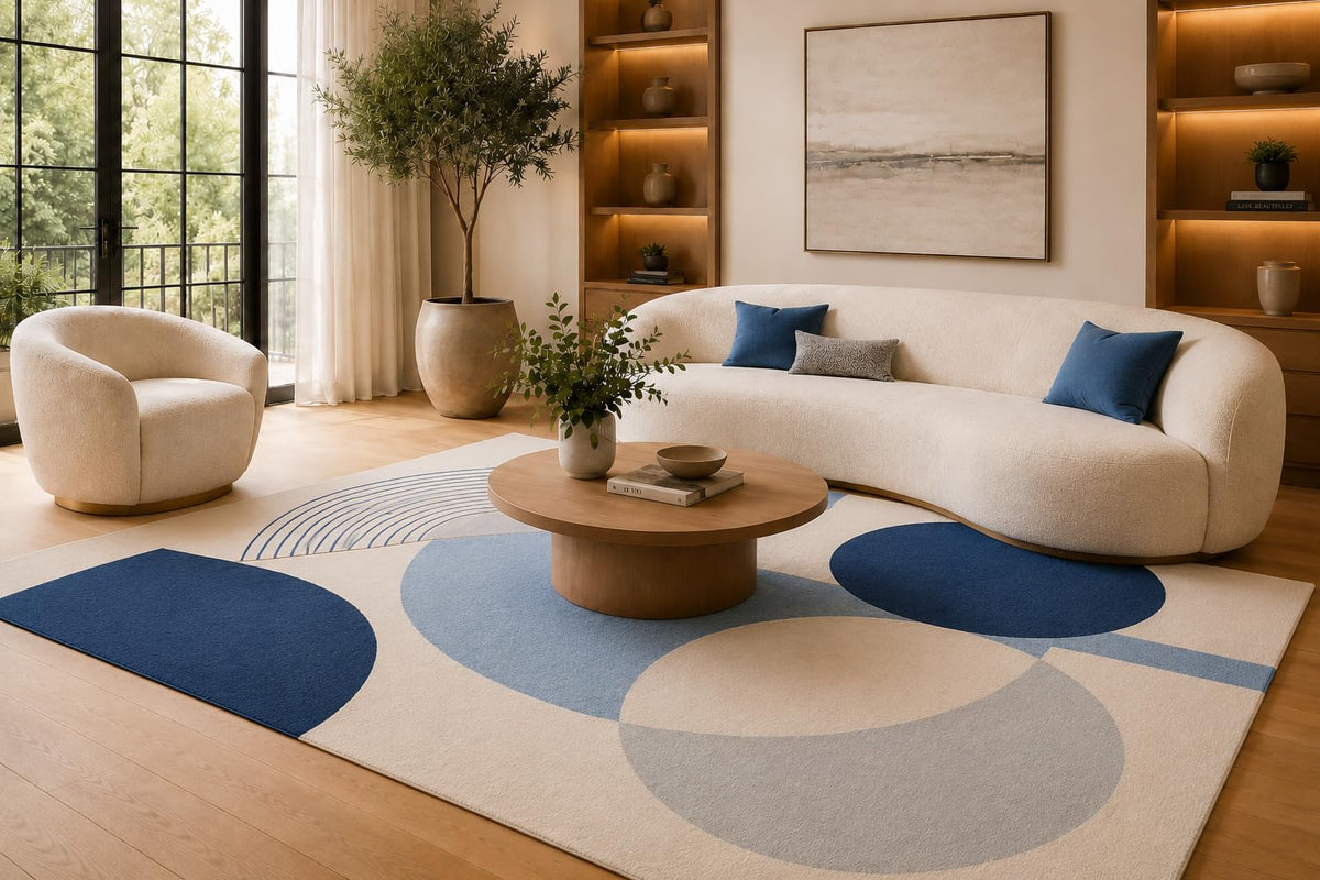 ICE ARMOR 6'7" x 9'10" Blue and Beige Rounded Geometric Area Rug for Living Room, Soft Low Pile Carpet with Non-Slip Silicone Backing, Floor Decor for Bedroom, Dining Area and Home Office