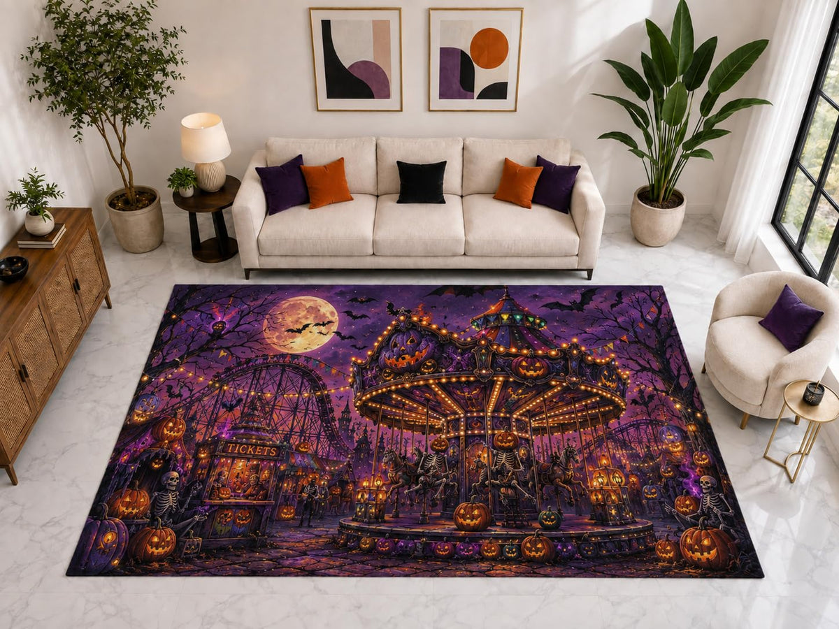 ICE ARMOR "Ultra Light Weight Large 6'7" x 9'10" Halloween Carnival Ride Rug, Soft Low Pile Indoor Rug, Non-Slip Silicone Backing for Playroom Purple
