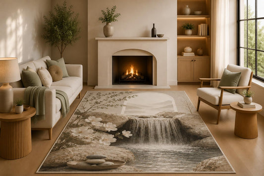 ICE ARMOR 5' x 7' Zen Waterfall Landscape Area Rug with Non-Slip Silicone Backing Low Pile Soft Carpet for Living Room Bedroom Nature Spa Decor