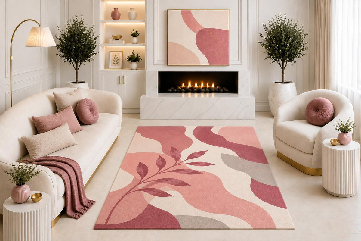 ICE ARMOR "Ultra Light Weight 5' x 7' Pink Botanical Abstract Area Rug, Modern Leaf Wave Design for Living Room Bedroom Dining Room, Non-Slip Silicone Backing Low Pile