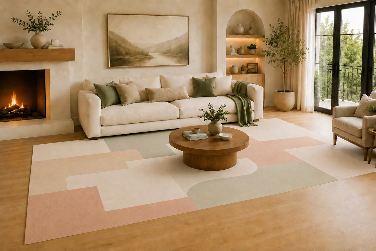ICE ARMOR Large 6'7" x 9'10" Peach and Ivory Interlocking Routes Area Rug for Living Room, Soft Low Pile Carpet with Non-Slip Silicone Backing, Decor for Bedroom, Dining Area and Home Office