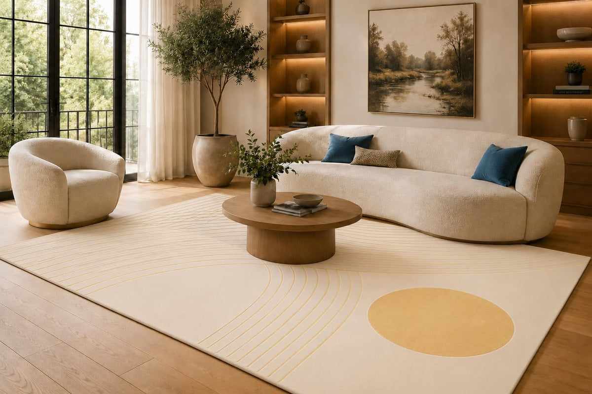 ICE ARMOR Large 6'7" x 9'10" Beige, Cream and Yellow Curves Area Rug for Living Room, Soft Low Pile Carpet with Non-Slip Silicone Backing, Floor Decor for Bedroom, Dining Area and Home Office