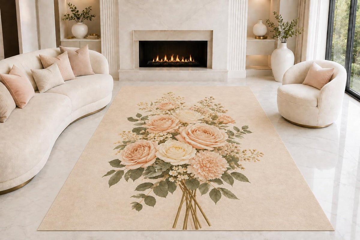 ICE ARMOR "Ultra Lightweight Large 6'7" x 9'10" Rose Bouquet Garden Area Rug for Living Room, Bedroom and Home Office, Soft Low Pile Carpet with Non-Slip Silicone Backing, Cream and Blush