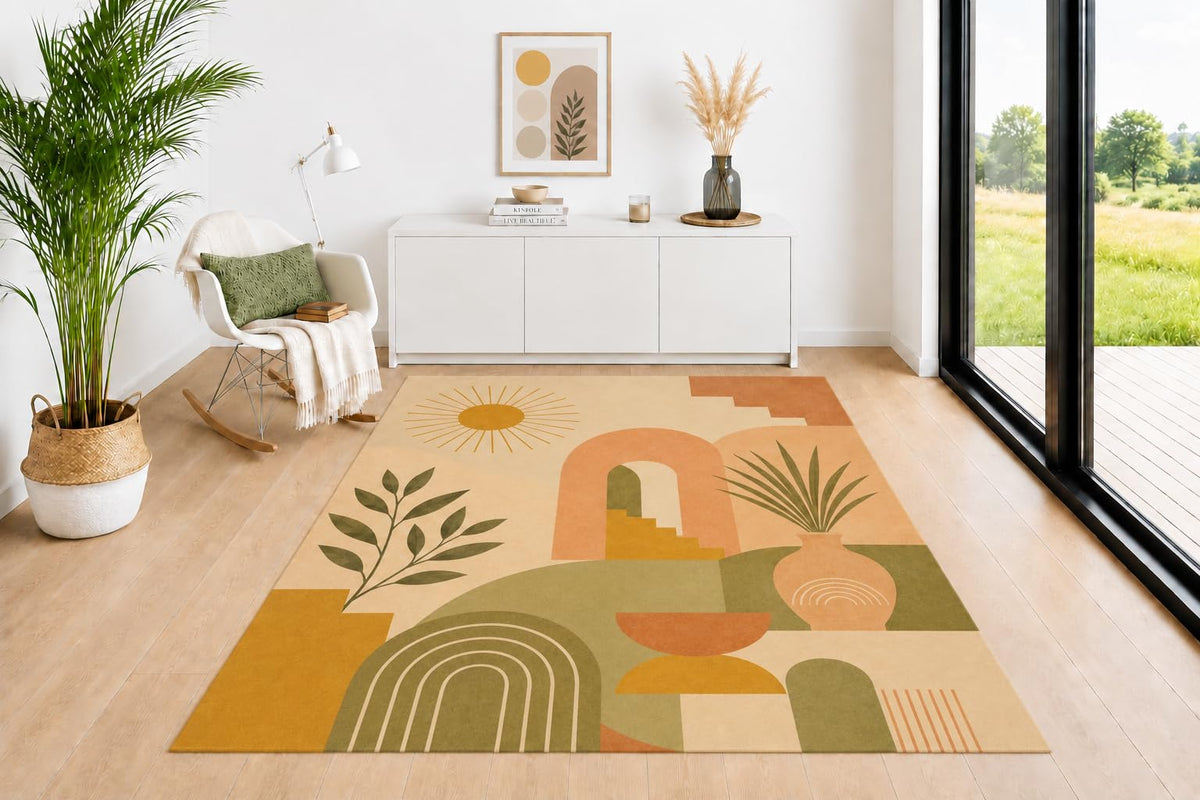 ICE ARMOR 5' x 7' Geometric Area Rug, Arch Vase Botanical Pattern with Earth Tone Colors in Sage Green Terracotta Beige, Floor Carpet for Living Room Bedroom Office