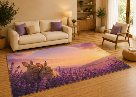 ICE ARMOR 5' x 7' Lavender Field Bunny Area Rug with Non-Slip Silicone Backing Low Pile Soft Carpet for Living Room Bedroom Nursery Cute Rabbit Decor