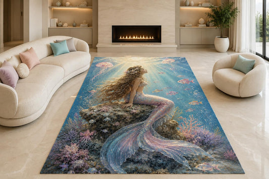 ICE ARMOR "Ultra Lightweight Large 6'7" x 9'10" Seated Mermaid Area Rug for Living Room, Bedroom and Home Office, Soft Low Pile Carpet with Non-Slip Silicone Backing, Blue and Lavender