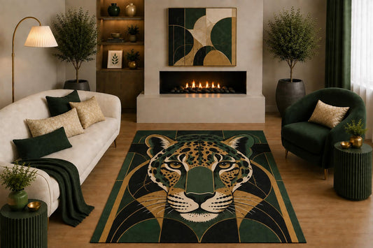 ICE ARMOR "Ultra Light Weight 5' x 7' Emerald Green Leopard Area Rug Art Deco Geometric Big Cat Decor for Living Room Bedroom Office Non-Slip Silicone Backing Low Pile