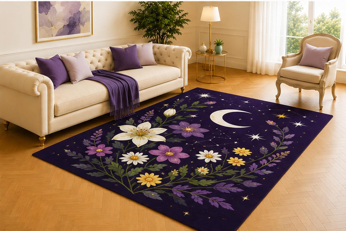 ICE ARMOR 5' x 7' Midnight Wildflower Rug, Crescent Moon, Stars, Lilies and Daisies on Rich Purple, Dreamy Floor Art for Bedroom, Reading Corner or Studio