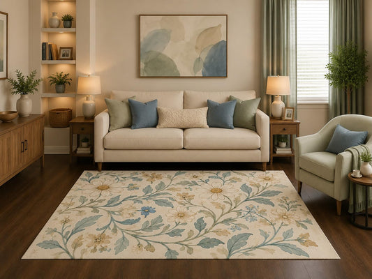ICE ARMOR 5' x 7' French Country Floral Area Rug Vintage Botanical Daisy Vine Cream Blue Living Room Bedroom Dining Room Decor Non-Slip Silicone Backing Low Pile