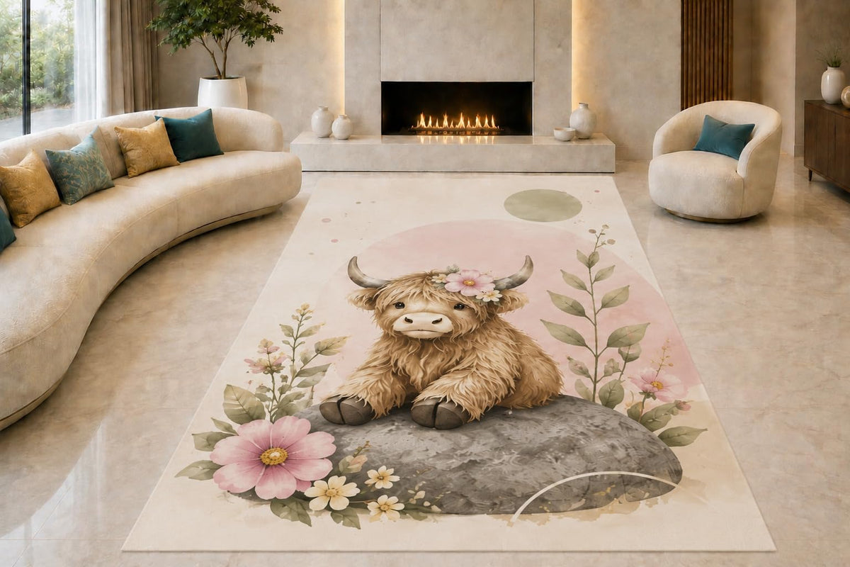 ICE ARMOR "Ultra Lightweight Large 6'7" x 9'10" Resting Highland Cow Area Rug for Living Room, Bedroom and Home Office, Soft Low Pile Carpet with Non-Slip Silicone Backing, Brown and Pink