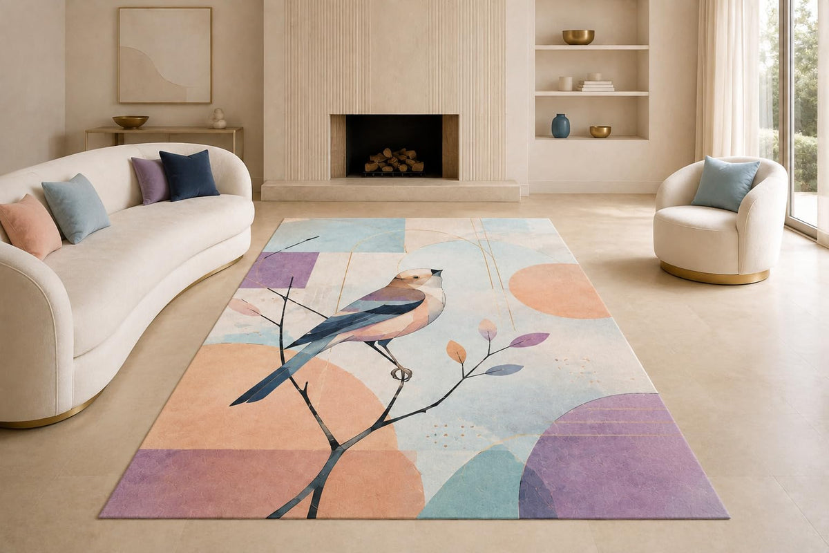 ICE ARMOR "Ultra Lightweight Large 6'7" x 9'10" Geometric Songbird Area Rug for Living Room, Bedroom and Home Office, Soft Low Pile Carpet with Non-Slip Silicone Backing, Peach and Blue