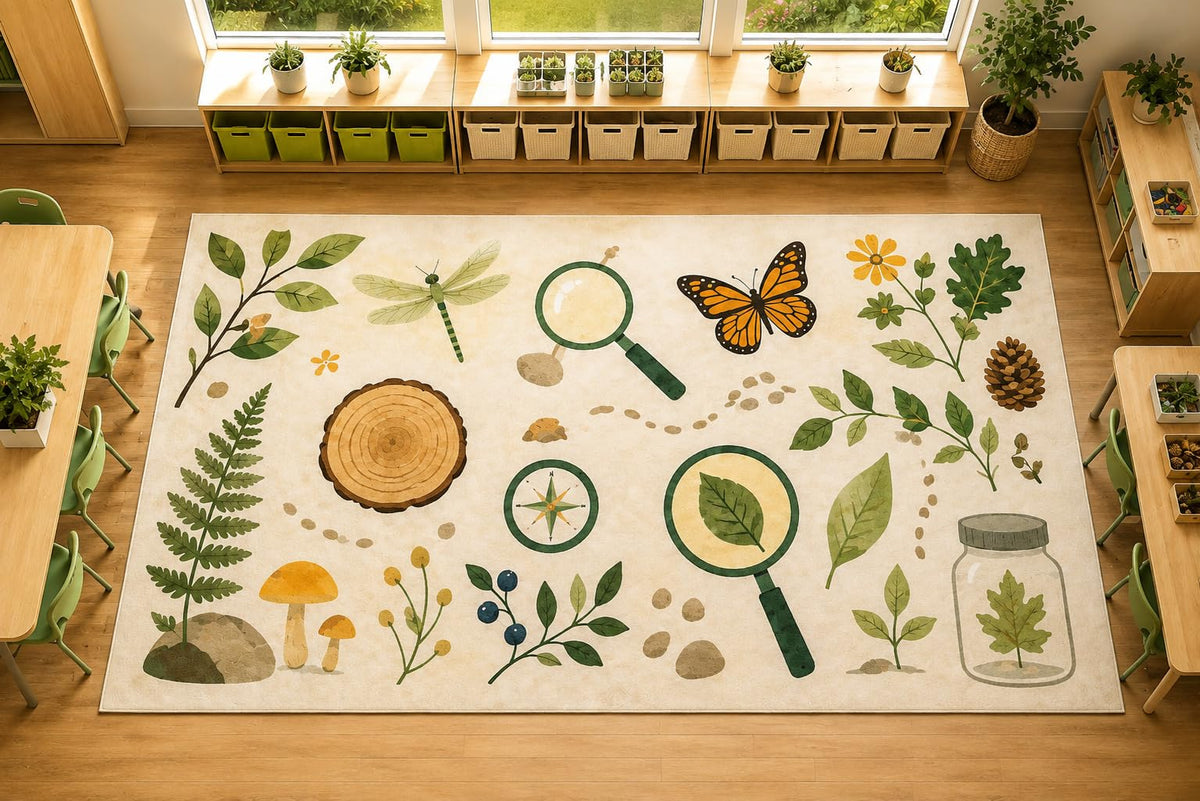 ICE ARMOR Large 6'7" x 9'10" Nature Explorer Area Rug, Soft Low Pile Indoor Rug with Non-Slip Silicone Backing for Kids Room Playroom, Beige