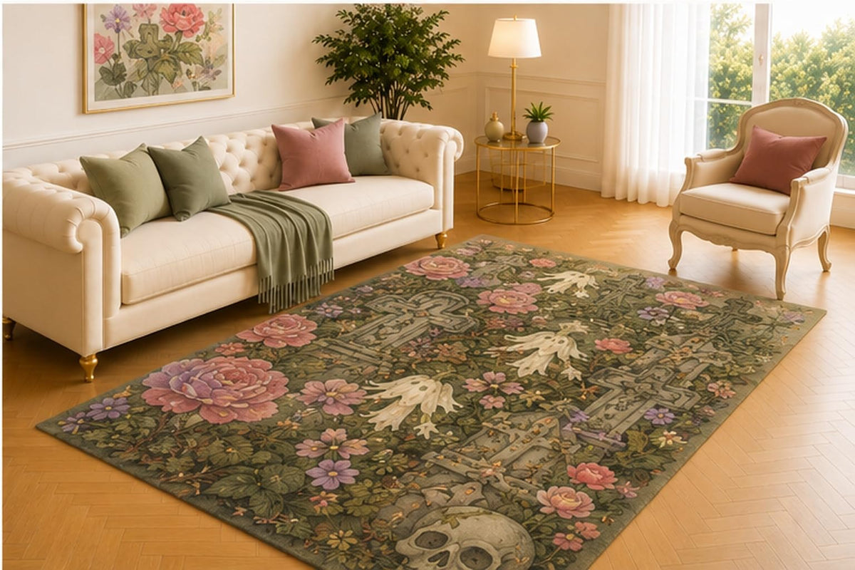 ICE ARMOR 5' x 7' Gothic Cross Garden Rug, Antique Floral Design with Ghostly Hands, Roses and Skull Details, Dramatic Floor Accent for Bedroom, Hallway or Reading Room