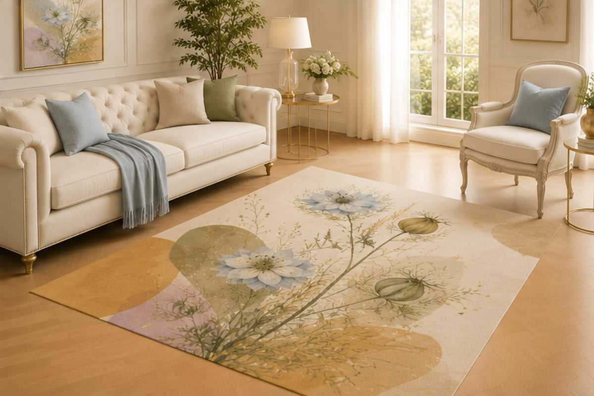 ICE ARMOR 5' x 7' Blue Nigella Floral Area Rug for Living Room, Soft Low Pile Indoor Carpet with Non-Slip Backing for Bedroom, Dining Room, Office, Beige