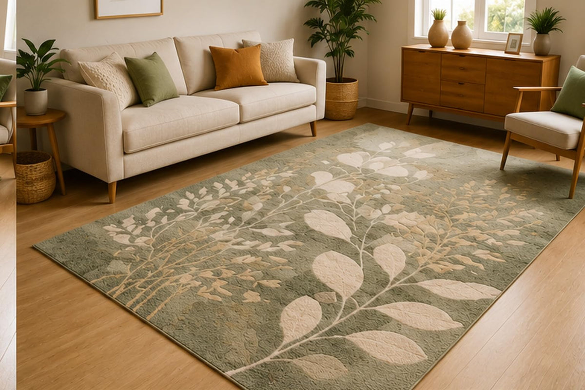ICE ARMOR 5' x 7' Elegant Botanical Foliage Area Rug for Living Room, Soft Low Pile Indoor Rug with Non-Slip Silicone Backing, Nature Carpet for Bedroom, Nursery, Family Room, Sage Green Ivory