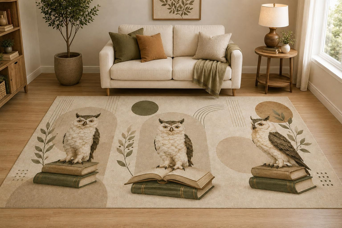 ICE ARMOR "Ultra Light Weight 5' x 7' Vintage Owl Book Trio Area Rug for Living Room, Bedroom and Home Office, Soft Low Pile Carpet with Non-Slip Silicone Backing, Cream and Brown