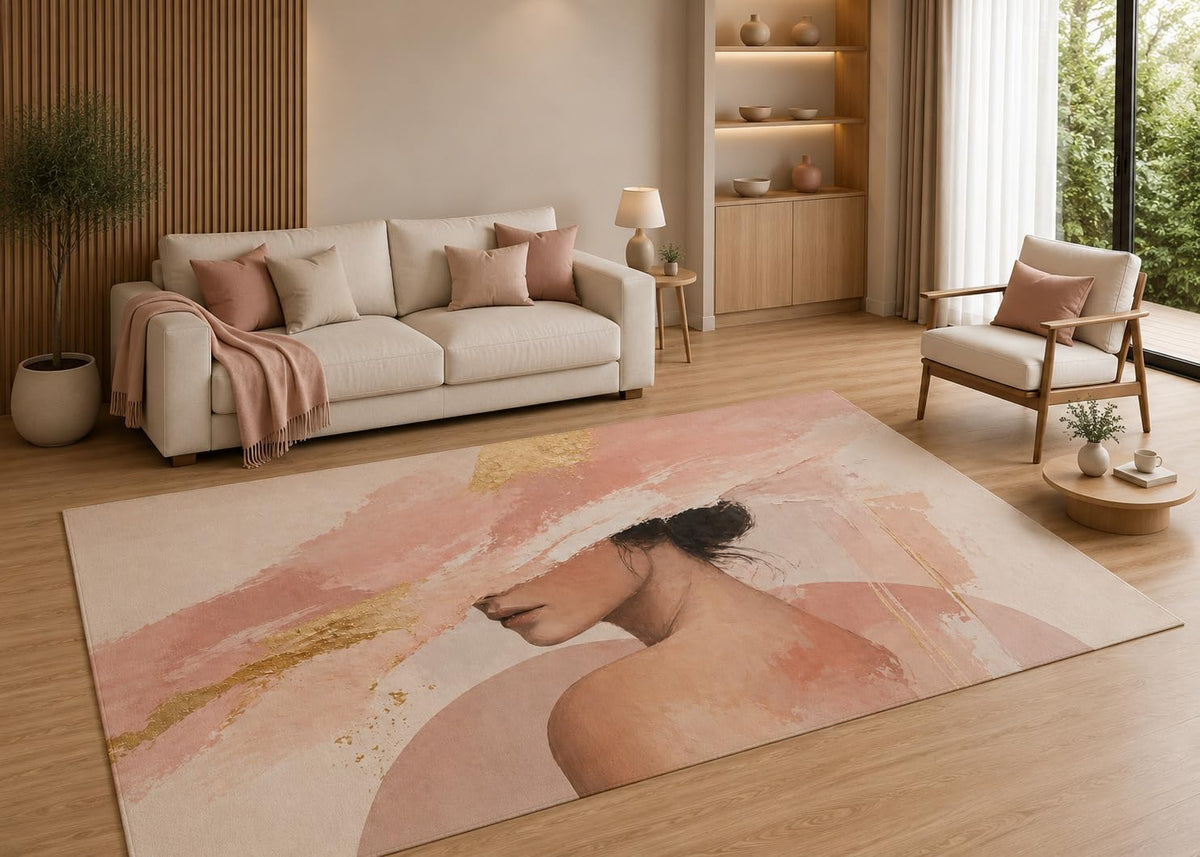 ICE ARMOR 5' x 7' Abstract Woman Portrait Area Rug with Non-Slip Silicone Backing Low Pile Soft Carpet for Living Room Bedroom Modern Blush Figure Art Decor