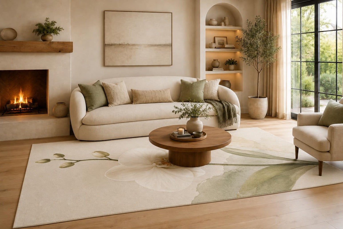 ICE ARMOR 6'7" x 9'10" Cream and Sage Orchid Area Rug with Oversized White Bloom and Green Leaves, Soft Low Pile Non-Slip Indoor Carpet for Living Room, Bedroom, Dining Room