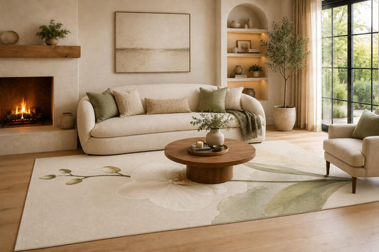 ICE ARMOR 6'7" x 9'10" Cream and Sage Orchid Area Rug with Oversized White Bloom and Green Leaves, Soft Low Pile Non-Slip Indoor Carpet for Living Room, Bedroom, Dining Room