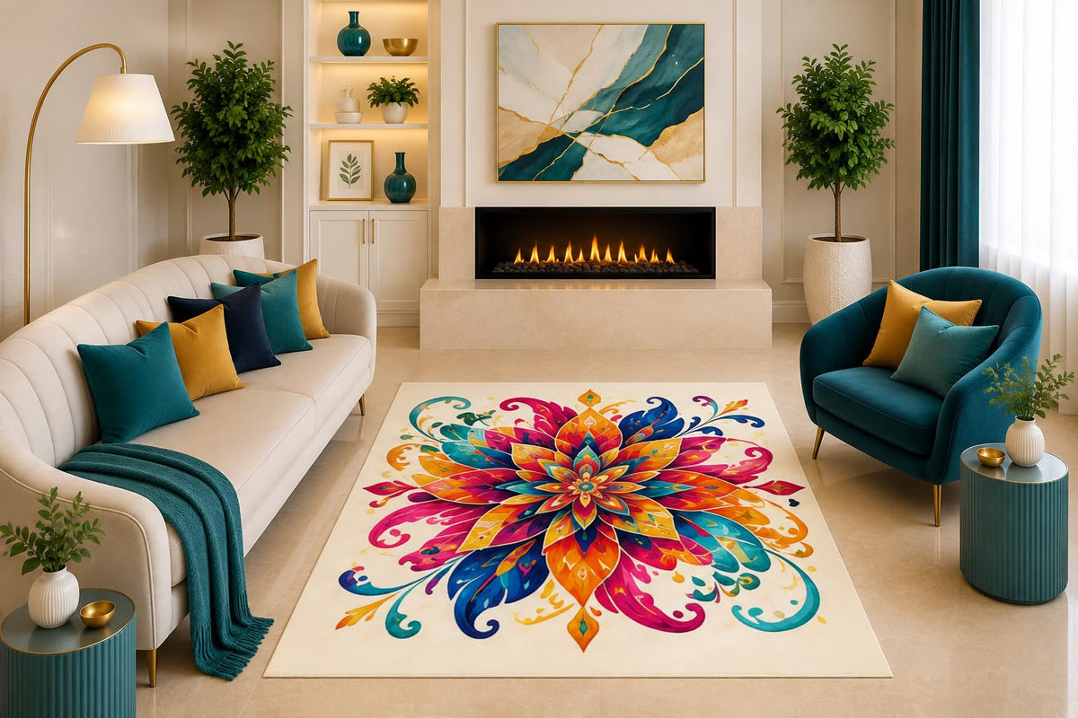 ICE ARMOR "Ultra Light Weight 5' x 7' Teal Pink Orange Floral Mandala Area Rug Colorful Boho Medallion Living Room Bedroom Dining Room Non-Slip Silicone Backing Low Pile